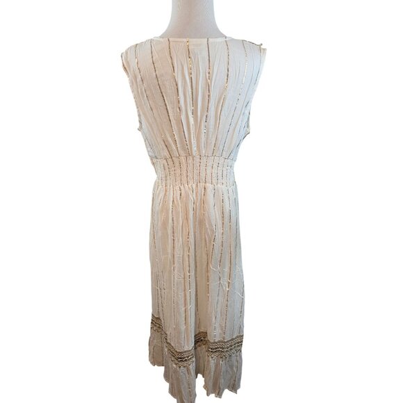 Boho Cream Maxi Dress Gold Accents & Jute Crochet Details By Ashley Taylor OS - Picture 4 of 15
